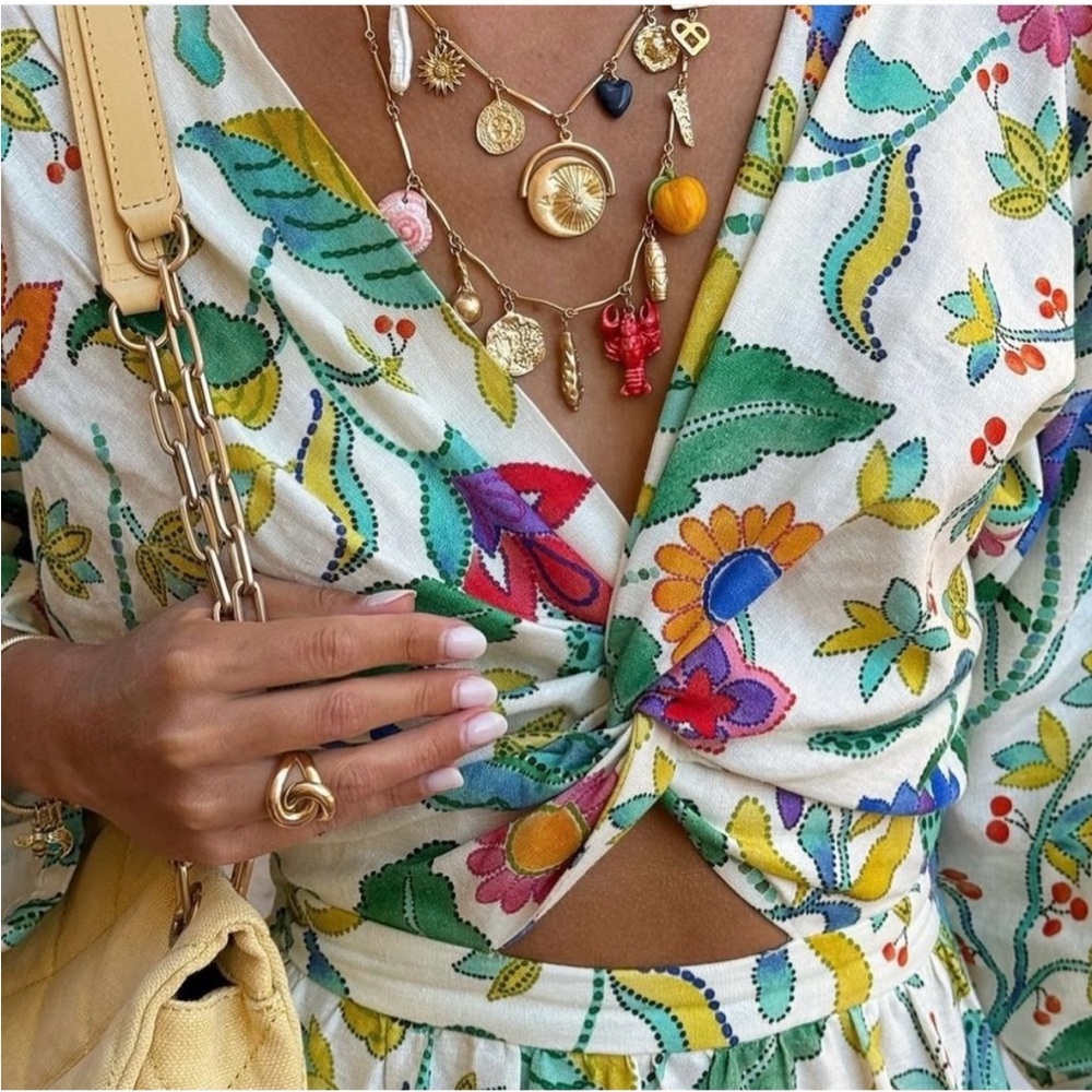 PRINTED LINEN BLEND KNOTTED DRESS - Picture 3 of 16